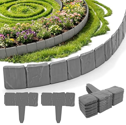 20 Stück Rasenkante Kunststoff 5M Beetumrandung Kunststoff Beeteinfassung Stein Beetbegrenzung Rasenkante Steinoptik Blumenbeet Umrandung für Blumenbeete und Rasenkanten in Steinoptik