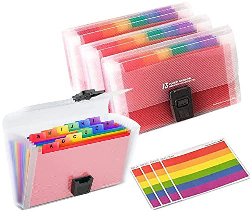 4 Stück Mini-Dokumenthüllen, Teczka do przechowywania Dokumentenmappe A6, 13 Fächer, Erweiterbare Dokumententasche Fächermappe mit Karteikarten Tragbare Ordner für Schule Haus Büro Reise