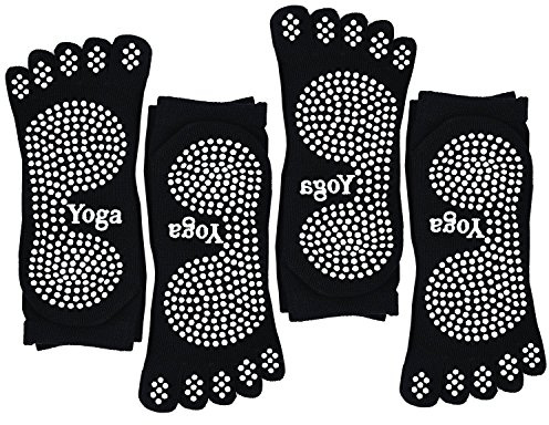 PUTUO Yoga Socks Women Pilates Socks with Grips, Ladies Non Slip Five Toe Socks for Yoga Pilates Fitness, 4 pairs