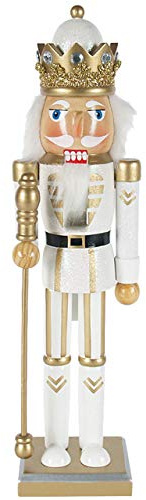 Nussknacker Deko Figur König mit Zepter weiß-Gold / 38 cm/Nussknacker Holzfigur/handbemalt im Kunsthandwerks-Stil/weihnachtlich dekorieren