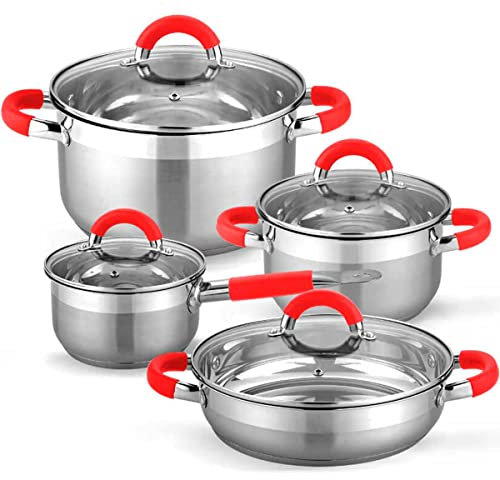 gridinlux® | Batería de Cocina 8 piezas Munich | Juego de ollas Acero Inox con tapa Vidrio Templado | Todo tipo de Cocinas: Inducción Gas Vitro | Asas Suaves Rojo