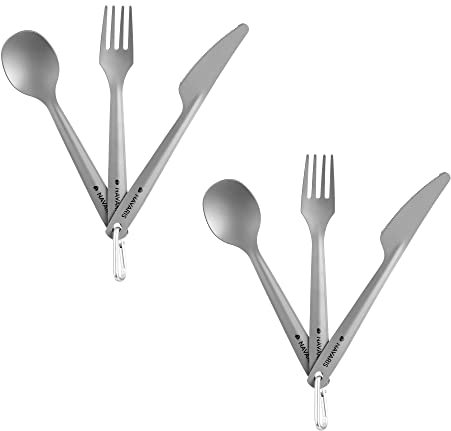 Navaris 2X Titan Camping Besteck 3tlg. - Outdoor Messer Gabel Löffel inkl. Tasche - Ultraleichte 3in1 Essbesteck Kombi - 2er Set Reisebesteck Set in Grau