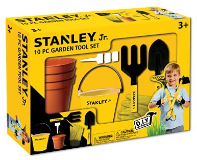 Stanley Jr. 10 Piece Garden Tool Includes: G007-SY Hand Trowel, G009-SY Hand Fork, G011-SY Bucket, T032-SY Gloves, 3xG017-SY Garden Plant Label, 3xG018-SY Garden Plant Pot