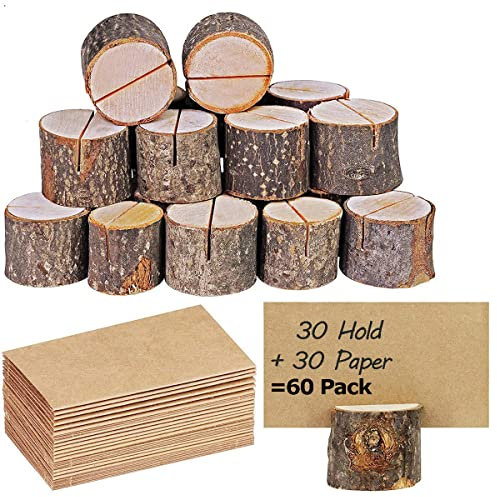 SOONHUA 60 Stück Tischkartenhalter aus Holz für Tischkarten, Namensschilder, Bilder, Notizen, Fotoklammern, Menükarten Halter für Party, Hochzeit (30 Halter + 30 Kraftpapier)