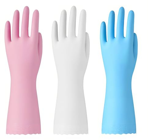 Bamllum Rubber Cleaning Gloves - 3 Pairs Latex Free Kitchen Cleaning Gloves with Cotton Liner- Household Dishwashing Gloves, Non- Slip Waterproof (Large, Blue+Pink+White)