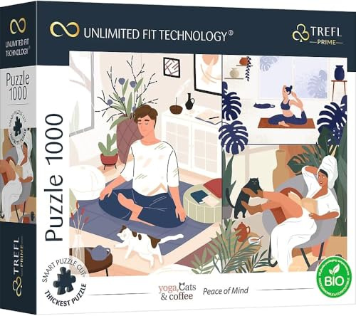 Trefl 10695 1000 Elements, Thickest Cardboard, Organic, Eco, Cats, Coffee, Relaxation, Recreation, Entertainment for Adults and Children from 12 Years, Puzzle Yoga, Cats & Coffee: Peace of Mind