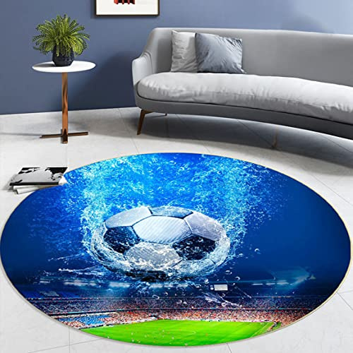 Moderne Flamme Fußball Wohnzimmer Schlafzimmer Teppich Teenager Junge Mädchen 3D Sports Soccer Serie Rutschfester Flanell Stuhlkissen Kinderzimmer Spielbereich Runden Teppich (Blau,120cm)