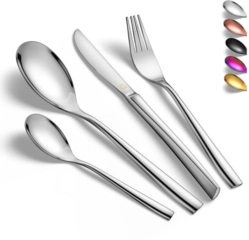 VancassoCutlery 24-Piece Stainless Steel Forks, Knives, Spoons Set, Mirror Polished, Noble Square Handle Design, Durable Home Kitchen Silverware