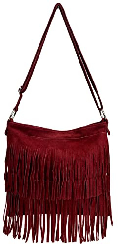 Modarno Borsa a tracolla con frange in camoscio - borsa tracolla donna in pelle scamosciata (Bordeaux)