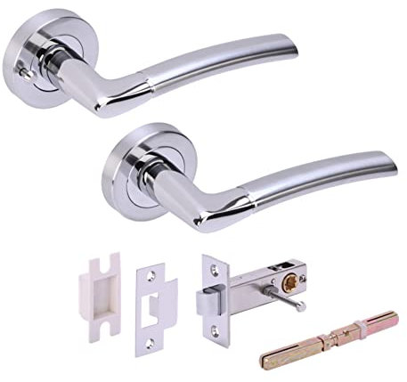Hunta HANDLEZONE® Neemo Privacy Lever On Round Rose Door Handles, with Privacy Latch, for Bathroom, Toilet, WC Doors, 1 Set - Dual Finish Polished/Satin Chrome