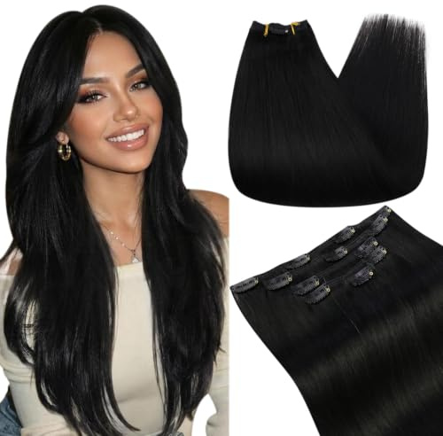 Ugeat Clip in Extensions Echthaar Schwarz 30 cm 85G 5 Stück | Clip Extensions Echthaar, Schwarz, Clips Haare Extension, gerade Haarstruktur, einfach einzusetzen, für den Alltag