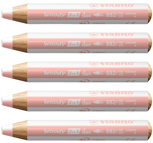 STABILO - Duo Buntstift, Wasserfarbe & Wachsmalkreide - woody 3 in 1 duo | zweifarbige Mine, 5er Pack, weiß/apricot
