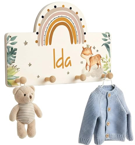 Kidsmood - Kindergarderobe Personalisiert mit Namen - Wandgarderobe mit 4 Hacken aus Holz inkl. Dübel & Schrauben - Garderobe für Baby & Kleinkinderzimmer - Geschenk zur Geburt & Taufe [40x27,5 cm]