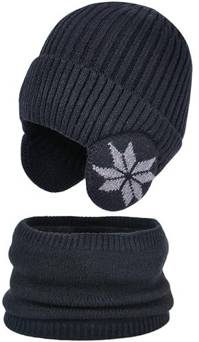 WANYI Mütze Damen, Winter Beanie Mütze Schal Set Wintermütze Strickmütze Warme Mützen Herbst Damenmützen Skimütze mit Weichem Innenfutter für Herren 55-60CM (Schwarz)