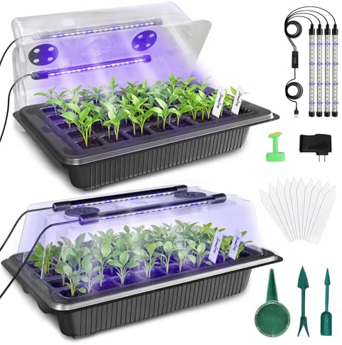 MQUPIN 80 Cells Seed Starter Tray with Grow Light,2 Pack Seedling Starter Kit,Adjustable Humidity Plant Starter Set with Dome and Base for Seeds Growing Starting（Black）
