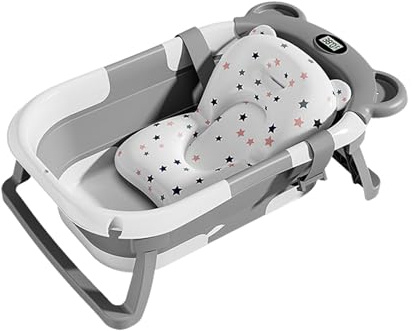 Faltbare Baby-Badewanne für Säuglinge bis Kleinkinder, faltbare tragbare Reisebadewanne mit Kissen und Thermometer und Ablaufloch, Baby-Faltbadewanne für Kleinkinder von 0–36 Monaten (grau)