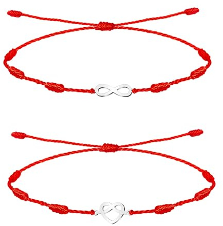 cotigo Pulsera 7 Nudos Roja, Pulseras para Parejas Amistad Amigas, Pulsera Hilo Rojo, Amuletos de la Suerte y Proteccion, Regalo Pareja San Valentín para Novio Novia (Corazón Infinito - Plateado)