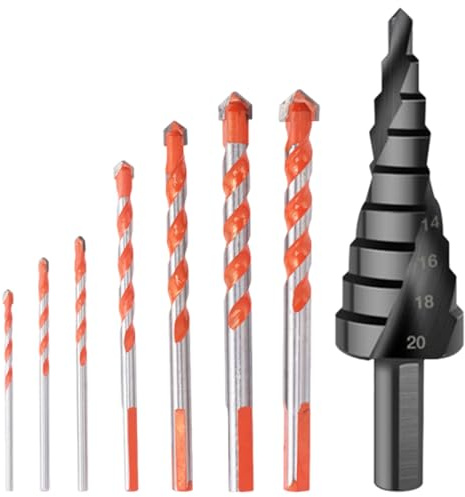 Miralith 7 Pcs Easy to Install Drill Bits Set with 1 Pc Step Drill Bit, Masonry Drill Bits for Concrete, Brick, Metal, Steel, Porcelain, Ceramic, Tile, Wood, Plastic