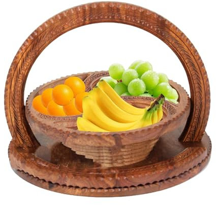 Panier à fruits sculpté à la main en bois, panier à fruits en bois, panier à fruits pliable à 4 compartiments pour table de cuisine, bol à fruits en bois pour bonbons, fruits, noix