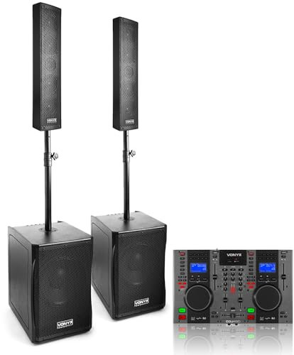 VONYX VX1200 Column Line Array Speaker Mobile DJ Setup with PD-CDJ450 Dual CD Mixer, Bluetooth & USB, Professional DJ Speaker Kit for Events and Performances