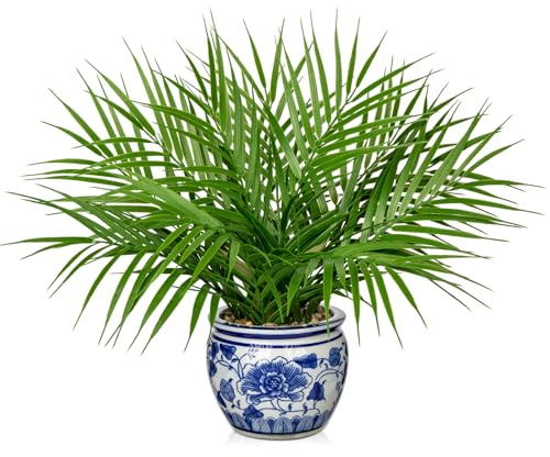 Hollyone 16'' Arificial Palm Plant in Blue and White Porcelain - Decorative Fake Plants, Faux Greenery for Home Decor, Living Room, Kitchen, Office - Tropical Plastic Plants for Indoor Decorations