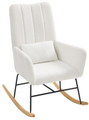 SONGMICS HOME Schaukelstuhl, mit Armlehnen, Relaxsessel, mit Fleece bezogen, Stahlgestell, Füße aus Kautschukholz, bis 136 kg belastbar, für Schlafzimmer, Wohnzimmer, cremeweiß LYY500W01