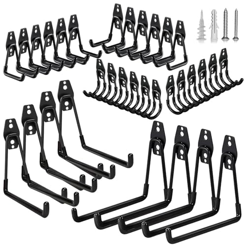 GUDEMAY 32-teiliges Garagenhaken Set Schwerlast Wandhaken für Garage | Wandhalterung für Werkzeuge, Fahrräder, Leitern, Schlauch und Gartengeräte, mit Schrauben & Anti-Rutsch-Beschichtung, Schwarz