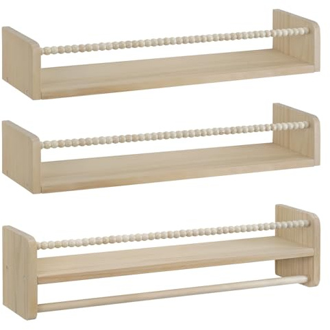 WOLTU Étagère Murale pour Enfant, Lot de 3, Étagère Livre Enfant, en Bois Massif, 60cm, avec Perles en Bois