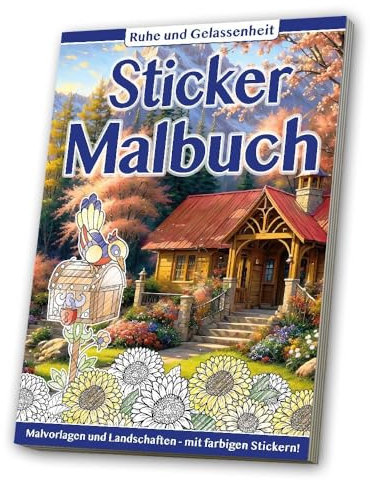 Sticker Malbuch: Erwachsene - Ruhe & Gelassenheit: 32 Seiten (16 Malvorlagen + 16 Landschaftseiten) + 1 Stickerbogen in der Buchmitte