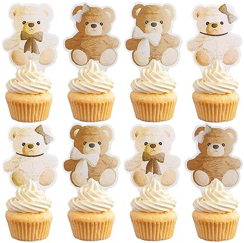 Morofme Bär Cupcake Topper 48 Stück, Vier Entwürfe Braunbär Kuchen Deko, Teddybär Tortendeko mit Schleifenmuster für Bär Thema Party, Baby Dusche, Geschlecht Reveal, Geburtstag Cake Decorations
