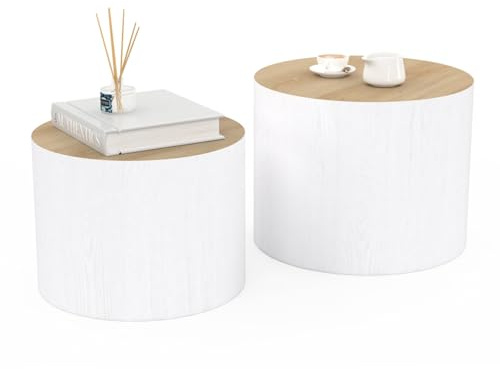 IDMarket - Lot de 2 Tables Basses cylindres gigognes Galia Bois et Blanc