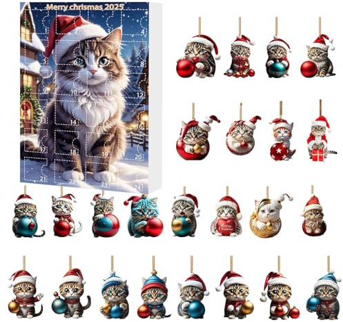 Weihnachtsbaum Katzen Anhänger, Adventskalender 2025, 24-Tage-Weihnachts-Countdown-Kalender für Katzenliebhaber, 2D Acryl Katzen-Hängeanhänger, Weihnachtsbaumschmuck