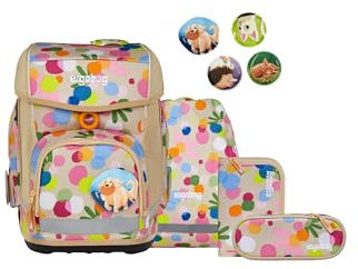 ergobag Schulranzen-Set cubo Set Flower PowBär - Beige | Ergonomischer Schulranzen Klassisch, 5-teilig, für die 1. Klasse Grundschule, Kollektion AW24/25