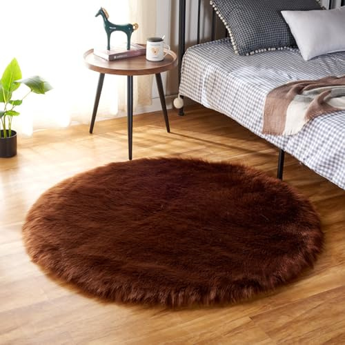 YUGWNN Rund Longhair Fell Optik Nachahmung Wolle Bettvorleger，Schlafzimmer Teppich Kuschelig Weich Flauschig，40cm/15.7in Durchmesser，Braun