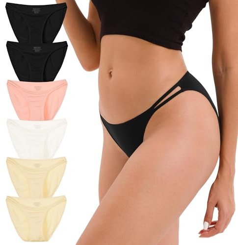 INNERSY String Bikini Panties for Women Sexy Silky Cheeky Underwear 6-Pack(Black Beige,Medium)