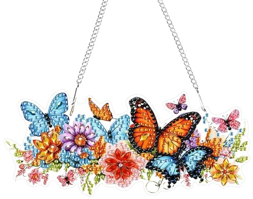 GHHKUD Diamond Painting Fensterbilder Beidseitige, Diamond Painting Schmetterling Blume Anhänger mit Kette, Diamant Painting Bilder Kristall Malerei Anhänger, Wandbehang Kits für Fenster Wand Decor