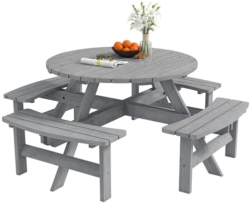 Outsunny Wooden Garden Dining Set, 8 Seater Round Dining Picnic Table with Matching Bench, Garden Furniture Set with Parasol Hole for Outdoor Patio Party and Family Gatherings, Grey