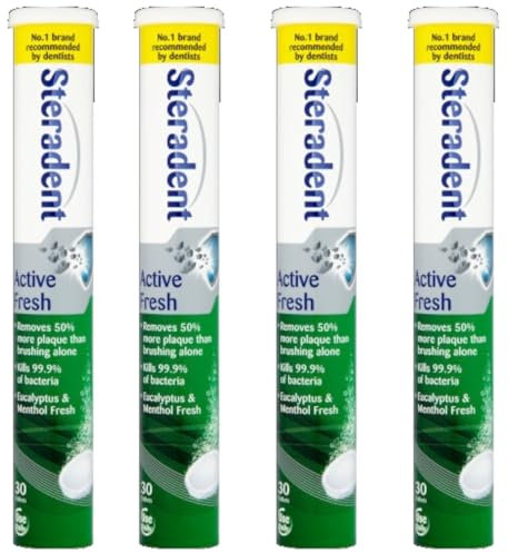 Steradent Active Fresh Denture Cleaning Tablets | Removes Stains & Plaque | Kills Bacteria | Freshness with Eucalyptus & Menthol | for Dentures, Retainers & Mouth Guards | Stain Removal & Sterilising