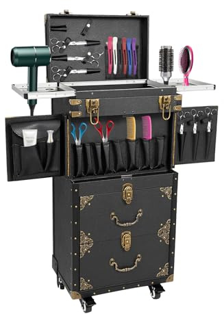 Carro de cosméticos de 4 niveles, caja de herramientas de peluquería vintage, maletín de viaje, carrito de trabajo, carrito profesional de salón, 39 x 25,5 x 82 cm, carro con bloqueo de contraseña, 6
