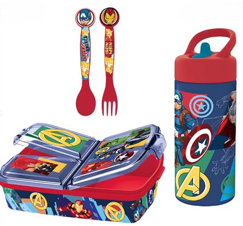 Set Scuola Avengers bambino - Portapranzo 3 Scomparti, Posate e Borraccia 410 ml, Pranzo e Merenda, Ideale per Bambini
