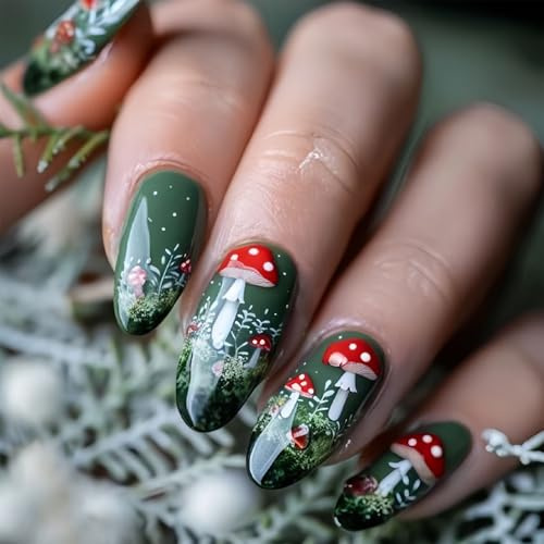 24 Unghie Press-on Artigianali di Nymora, Unghie di Natale Adesive con Design Funghi, Unghie Artificiali a Forma di Mandorla Media con Jelly Gel, Unghie Adesive