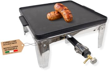 MOHOME Fornellone Gas Esterno Premium Quality Campeggio Acciaio Inox 40 x 40 x 19 cm Con Bistecchiera Ghisa Quadrata Piastra Liscia Rigata Made in Italy Antiaderente Teflonata Reversibile Manici