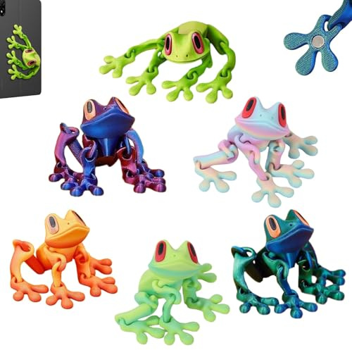 Kenmohuo 6Pcs 3D Printed Frog, Realistic Jointed Jumping Frogs Model, Cute 3D Printed Animals Frog Decoration for Fridge and Metal Surfaces