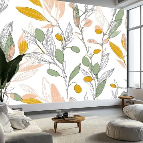 Estilo Acuarela Papel Pintado Mural de Pared 400 x 280 cm Decoración Moderna, Planta Vides Hojas De Olivo Diseño de Pared para Salón Dormitorio Oficina Pasillo Póster
