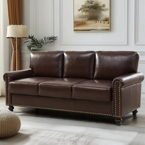 ParlorDream 80 Faux Leather Sofa with Storage, Mid-Century Modern Rolled Arm Couches for Living Room Furniture, Nailhead Trim, Easy Tool-Free Assembly, Dark Brown