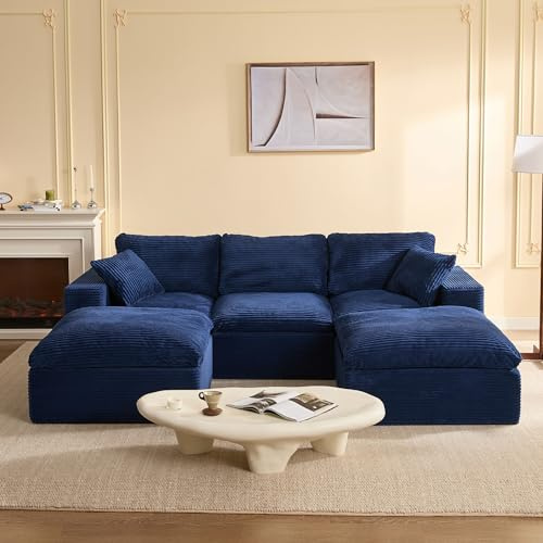 Litbird Modular Sectional Sofa and Sofa Bed, L-Shaped Cloud Couch with Memory Foam, No Assembly, Deep Seat,Set of Corduroy Convertible Sofa for Living Room (Navy, 268 cm U-Shaped)
