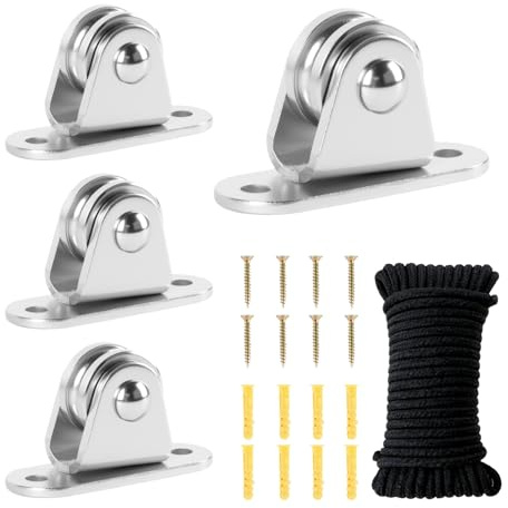 4 Stück Metall Umlenkrollen für Seile 3-6mm, Seilrolle Umlenkrolle mit 10m Seilzug, Montageschrauben & Kunststoffhülsen für Sonnensegel, Gewächshaus, Wäscheleine, Wellenschatten & Flaschenzug
