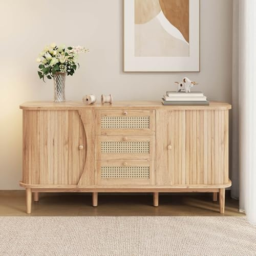 EURHCIO Meubles de Rangement pour Salon,Commode,Buffet Salle a Manger avec 2 Portes coulissantes et 3 Tiroirs,Armoire Polyvalente pour Cuisine Salon Chambre,140.5x40x76cm