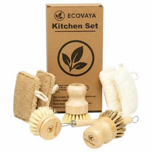Ecovaya Spülset aus Bambus & Luffa – 100% plastikfrei – 4 Luffa Pads & 3 Küchenbürsten mit Sisal- & Kokosborsten – kratzfrei & nachhaltig