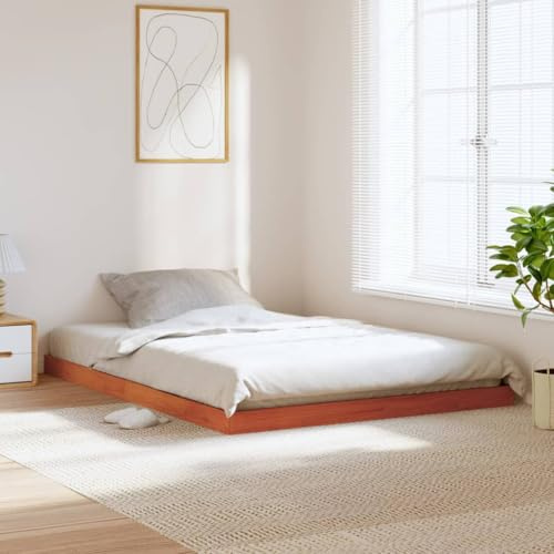 QUAHEAS Massiv träsäng, vaxbrun, 135 x 190 cm tall, robust sängram utan madrass, modern plattformssäng för sovrum